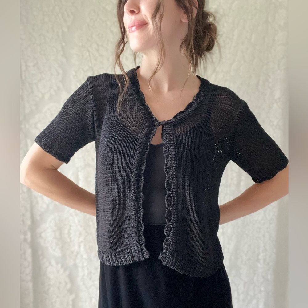 Vintage 90s Crochet Black Sag Harbor Petites Short Sleeve Single Button Cardigan